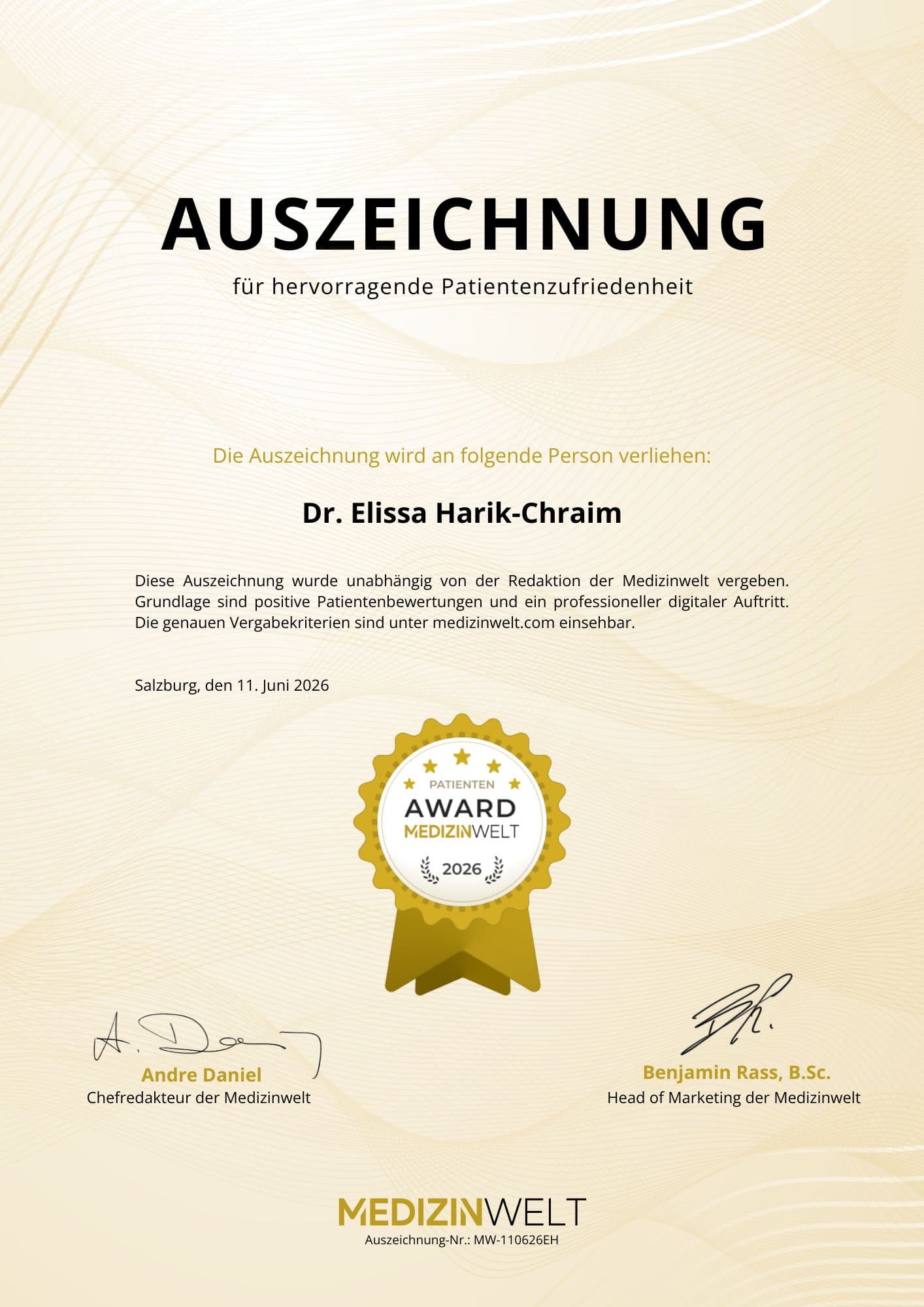 Medizinwelt Award Auszeichnung für Dr. Elissa Harik-Chraim